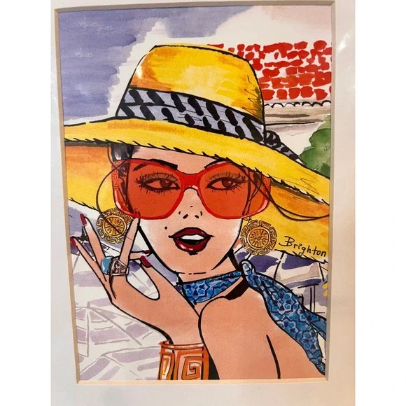 Brighton Art Print Woman in Yellow Hat Designer Tom Clancy Santorini - Picture 2 of 6